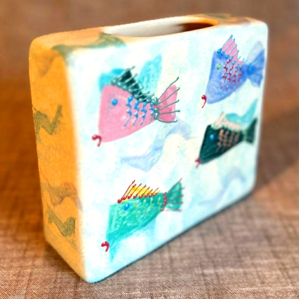 Ceramic vase with hand painted fish. Lanz Russell.